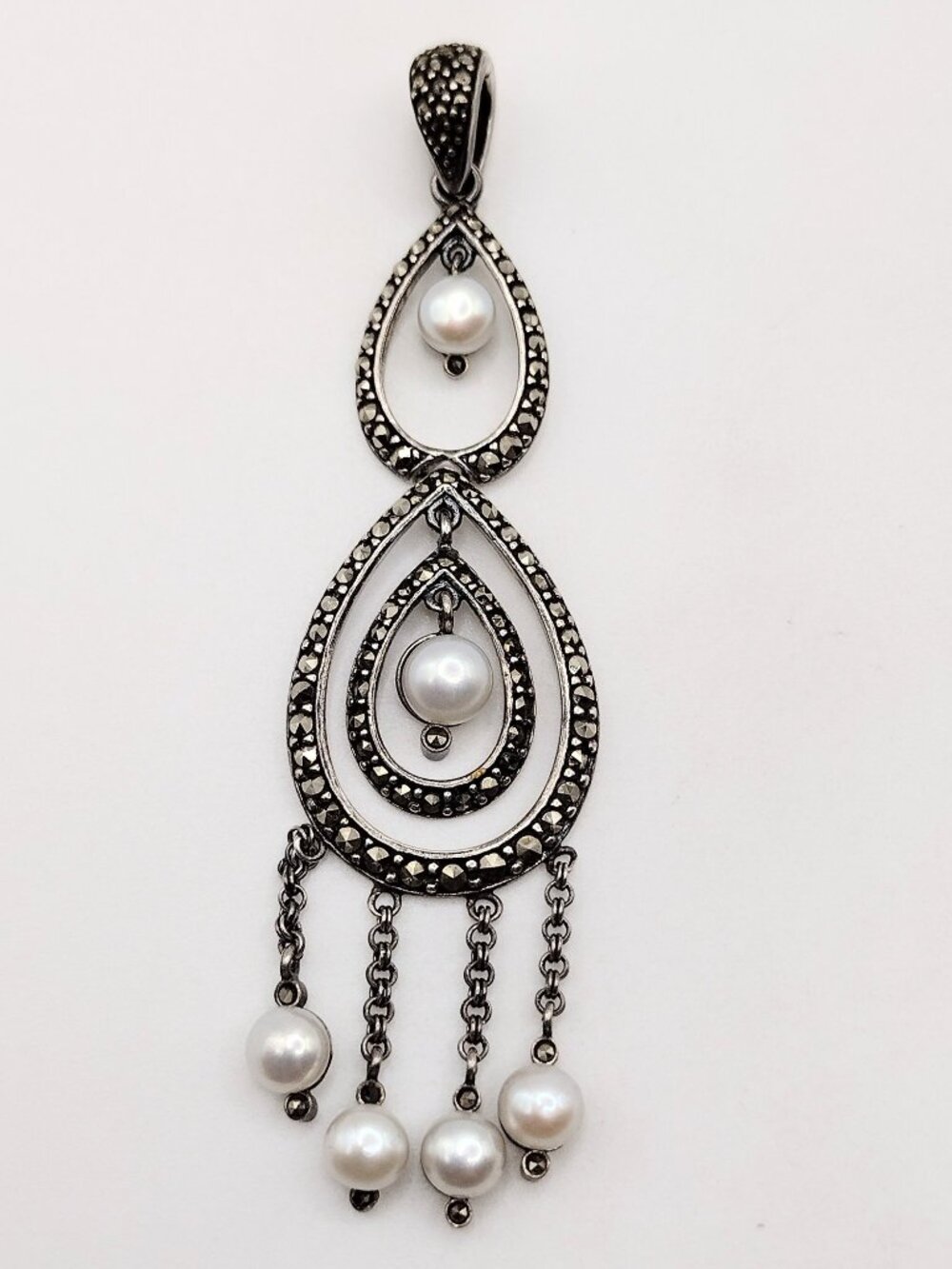 LT Art Deco Sterling Silver Marcasite Pendant w/ White Pearl Drops 8.5Grams